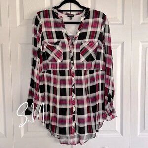 Worn Once! Torrid Emma Pink & Black Plaid Challis Babydoll Tunic Top